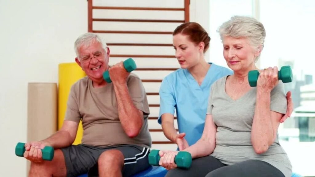 Senior Citizens lifting weights